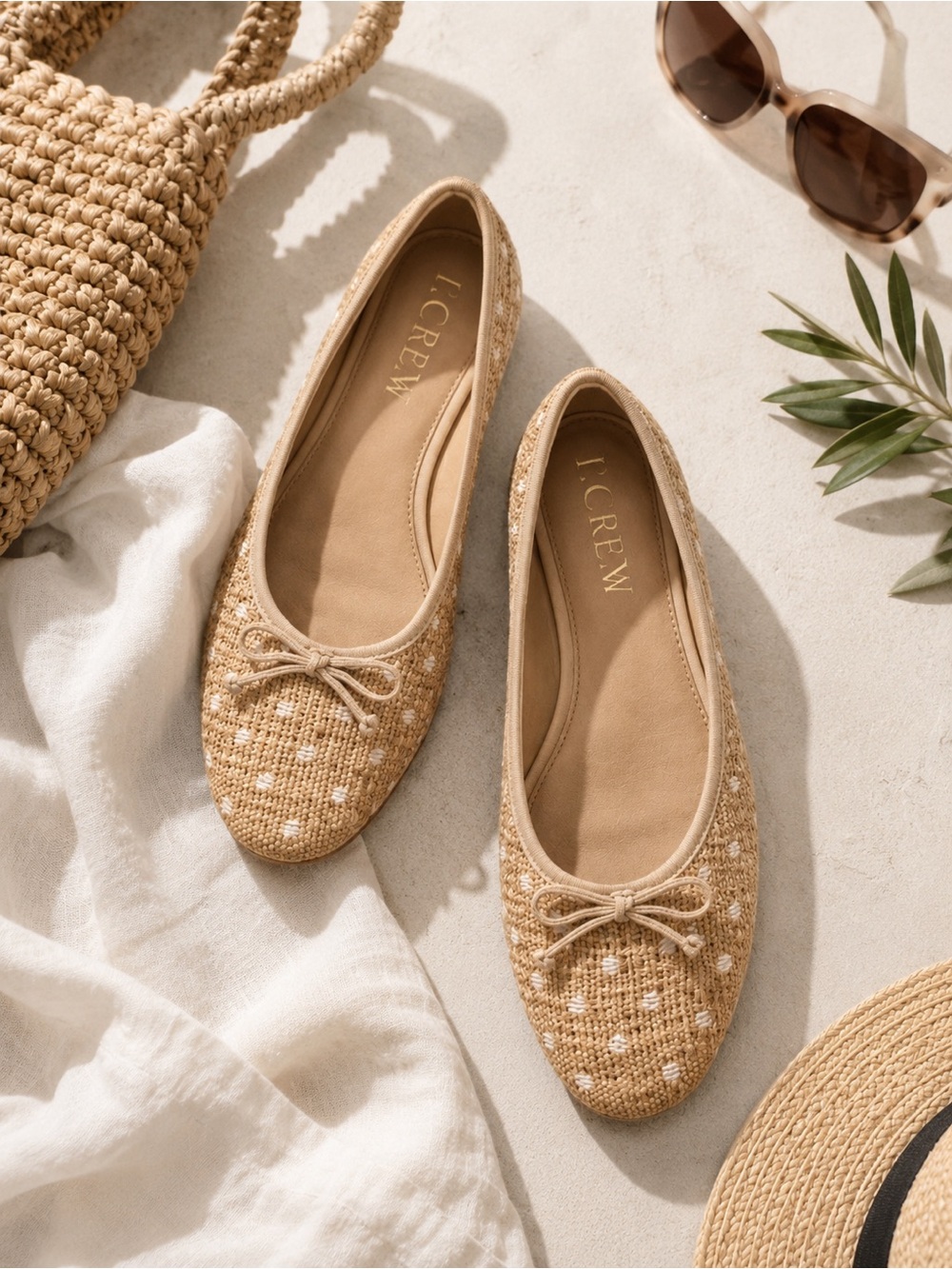J.Crew Raffia Ballet Flats Polka Dot Bow Coastal Quiet Luxury 8.5